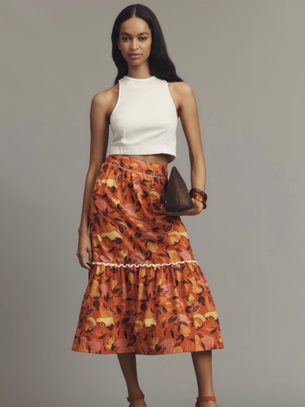 NEW Farm Rio Anthropologie Fruit Print -SZ L- Tiered-Flare Midi Skirt Orange Red